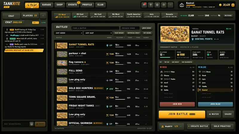 The server browser: pick any running battle